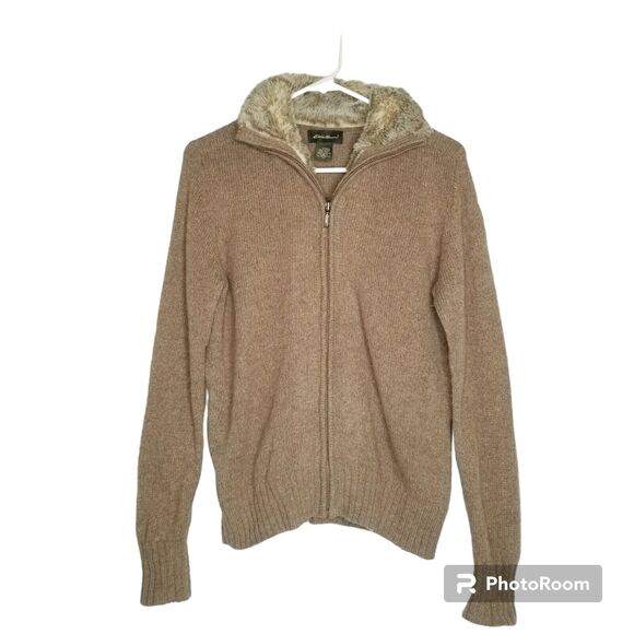 Eddie Bauer Women’s Medium Wool Alpaca Faux Fur Trimmed Full Zip Sweater Jacket - Picture 8 of 9